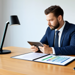 A focused individual, fully clothed in a modest professional suit, seated calmly at a sleek modern desk, looking intently at a digital tablet displaying abstract information visuals, symbolizing clarity and understanding in their mental health journey. The background is a minimalist, bright office setting with soft natural light. The atmosphere is one of hopeful discovery and insight. professional photography, high resolution, soft lighting, perfect anatomy, correct proportions, natural pose, well-formed hands, proper finger count, natural body proportions, safe for work, appropriate content, fully clothed, professional, modest, family-friendly.