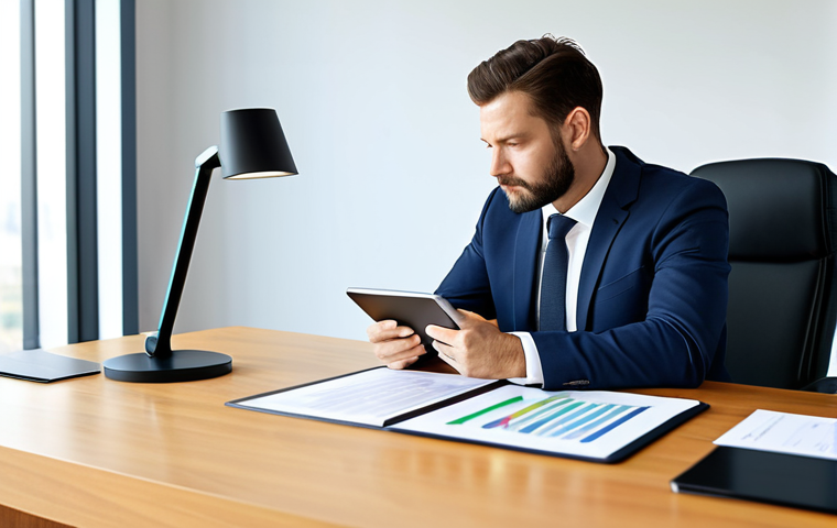 A focused individual, fully clothed in a modest professional suit, seated calmly at a sleek modern desk, looking intently at a digital tablet displaying abstract information visuals, symbolizing clarity and understanding in their mental health journey. The background is a minimalist, bright office setting with soft natural light. The atmosphere is one of hopeful discovery and insight. professional photography, high resolution, soft lighting, perfect anatomy, correct proportions, natural pose, well-formed hands, proper finger count, natural body proportions, safe for work, appropriate content, fully clothed, professional, modest, family-friendly.