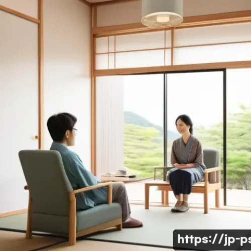 우울증 환자 지원 프로그램 - A modern Japanese counseling clinic interior, bright and welcoming atmosphere, a compassionate femal...