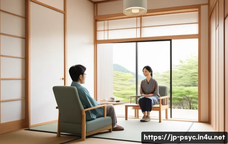 우울증 환자 지원 프로그램 - A modern Japanese counseling clinic interior, bright and welcoming atmosphere, a compassionate femal...