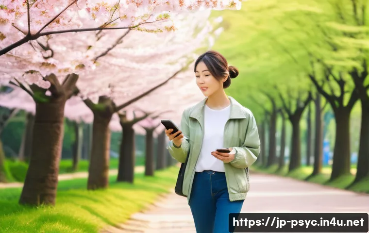 공황장애 자가 치료법 - A serene Japanese park scene in early morning light, featuring a young Japanese woman wearing casual...