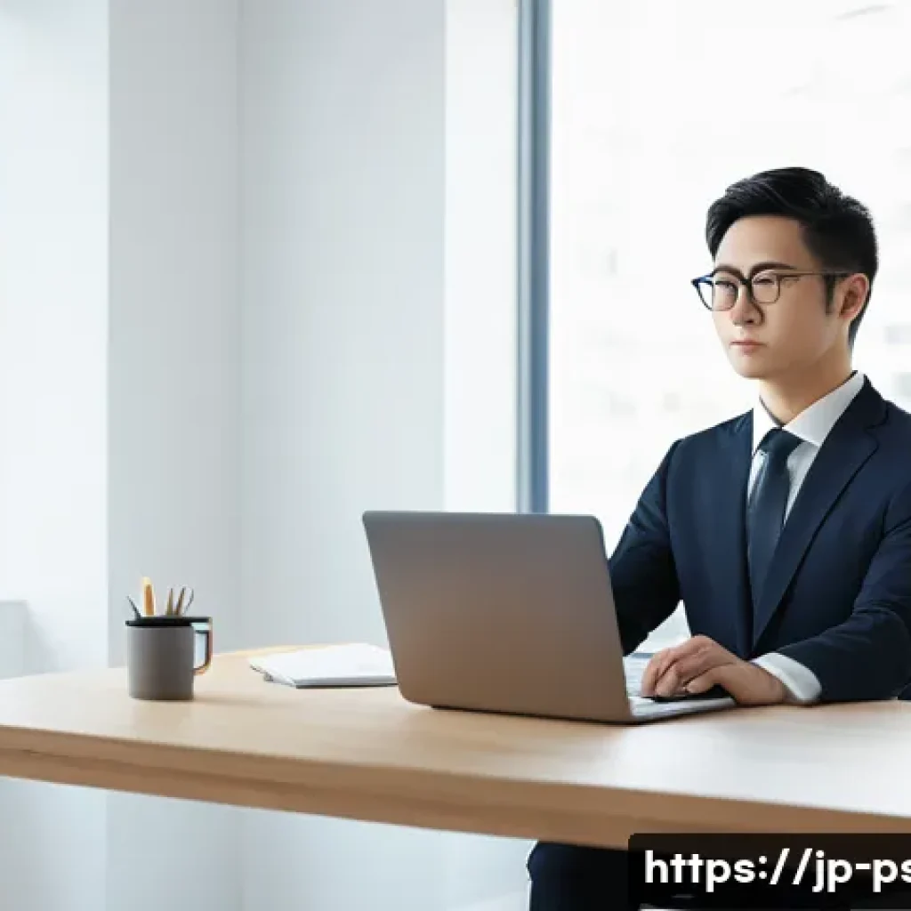 스트레스성 두통 치료법 - A professional Japanese office worker sitting at a modern desk in a clean, bright room, demonstratin...