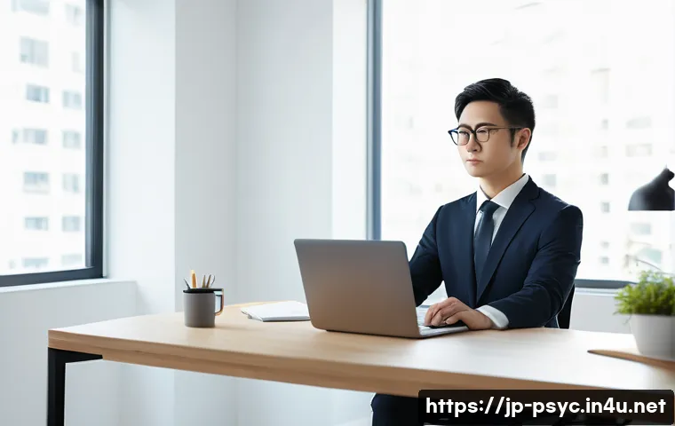 스트레스성 두통 치료법 - A professional Japanese office worker sitting at a modern desk in a clean, bright room, demonstratin...