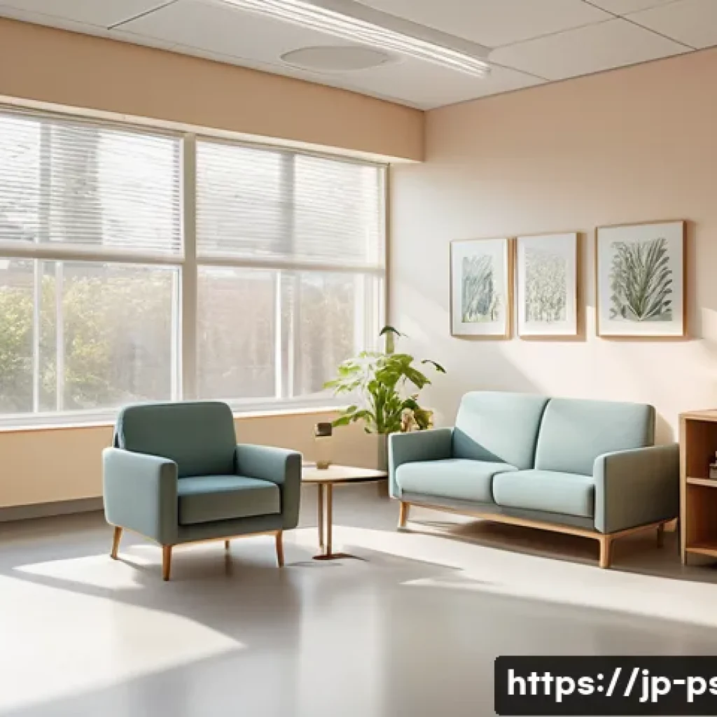 정신과 병원 선택 팁 - A modern psychiatric hospital consultation room with warm natural light streaming through large wind...