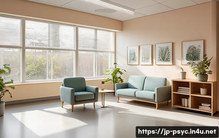 정신과 병원 선택 팁 - A modern psychiatric hospital consultation room with warm natural light streaming through large wind...