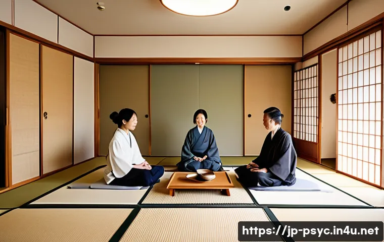 분노조절장애 치료 방법 - A serene Japanese-style therapy room with soft natural light filtering through shoji screens, featur...