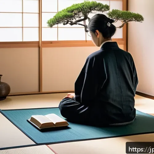 강박증 극복 사례 - A serene Japanese bedroom scene at dawn, featuring a young adult sitting cross-legged on a tatami ma...