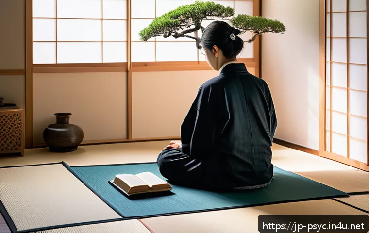 강박증 극복 사례 - A serene Japanese bedroom scene at dawn, featuring a young adult sitting cross-legged on a tatami ma...