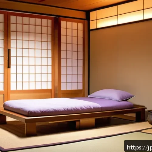불면증 예방을 위한 생활 습관 - A cozy Japanese-style bedroom at dusk, featuring warm indirect lighting with soft amber hues illumin...
