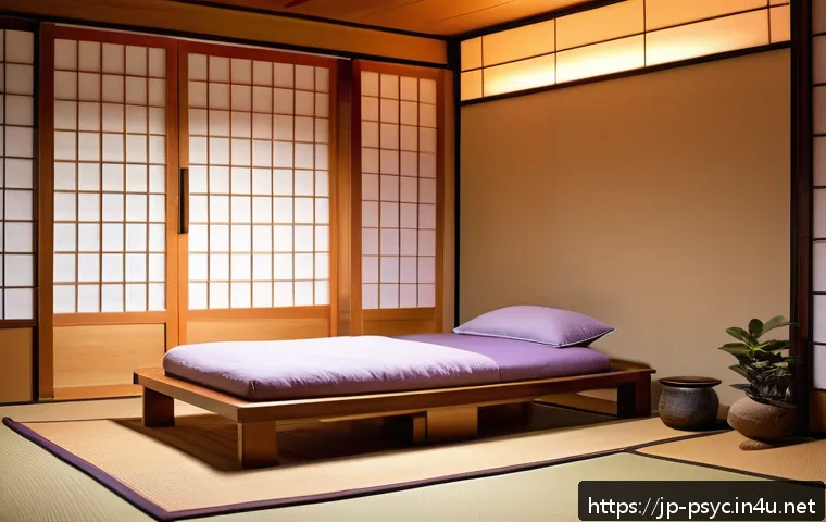 불면증 예방을 위한 생활 습관 - A cozy Japanese-style bedroom at dusk, featuring warm indirect lighting with soft amber hues illumin...