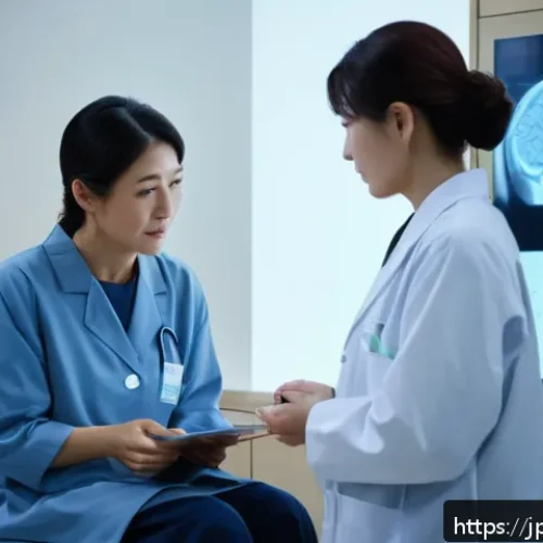 우울증 치료 최신 약물 - A modern Japanese psychiatric clinic interior with a compassionate female doctor consulting a middle...