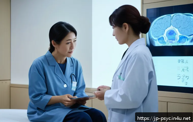 우울증 치료 최신 약물 - A modern Japanese psychiatric clinic interior with a compassionate female doctor consulting a middle...