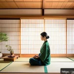 정신건강 관리 어플 추천 - A serene Japanese-style room with soft natural light filtering through shoji screens, featuring a yo...