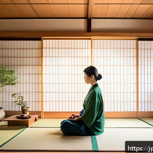 정신건강 관리 어플 추천 - A serene Japanese-style room with soft natural light filtering through shoji screens, featuring a yo...