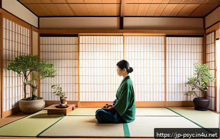 정신건강 관리 어플 추천 - A serene Japanese-style room with soft natural light filtering through shoji screens, featuring a yo...