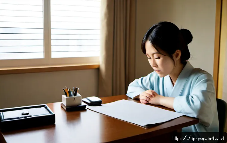 공황장애와 강박증의 관계 - Photorealistic Japanese adult seated at a tidy apartment desk, visibly anxious with tense hands whil...