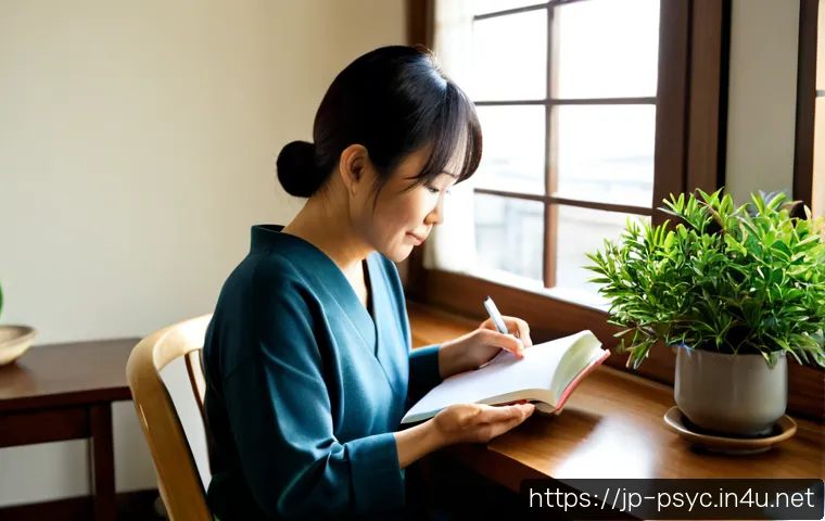 우울증 재발 방지법 - Photorealistic Japanese adult woman in her 40s sitting by a sunlit living-room window, calmly writin...